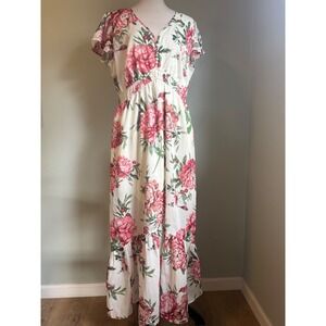 Boho‎ Pink Peony Floral Maxi Dress cream cottage flowy resort romantic XL 18